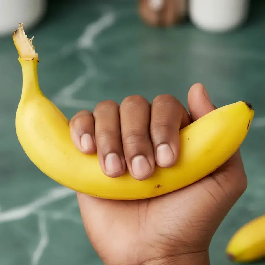 Main tenant une banane jaune mûre, illustrant sa taille idéale pour une consommation rapide et sa richesse en potassium bénéfique pour la santé.